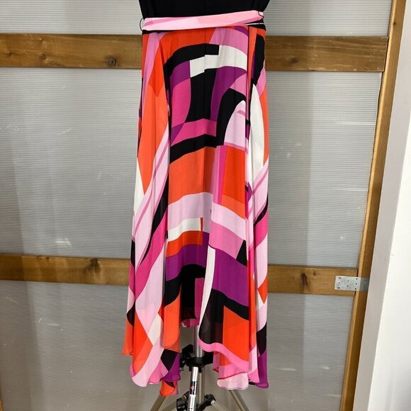 SLNY Black Scoop Neck Cap Sleeve Chiffon Multicolor Asymmetrical Maxi Dress Sz8 - Picture 8 of 16